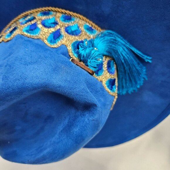 Peacock Royal Blue Velvet Cowboy Wide Brim Hat Tassel Embroidered Ribbon‎ Band M main image 12